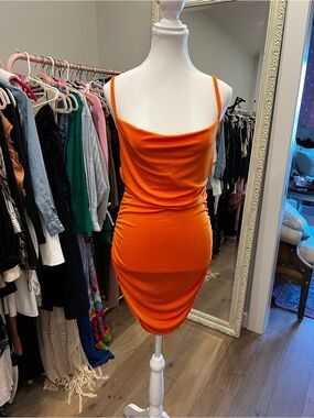 Cowl Neck Mini Dress in Bright Orange